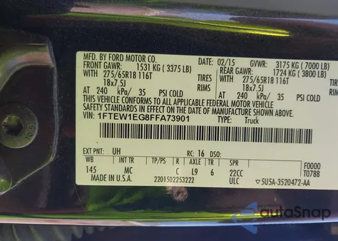 2015 Ford F-150 Xlt z USA, uszkodzony, nr VIN 1FTEW1EG8FFA73901